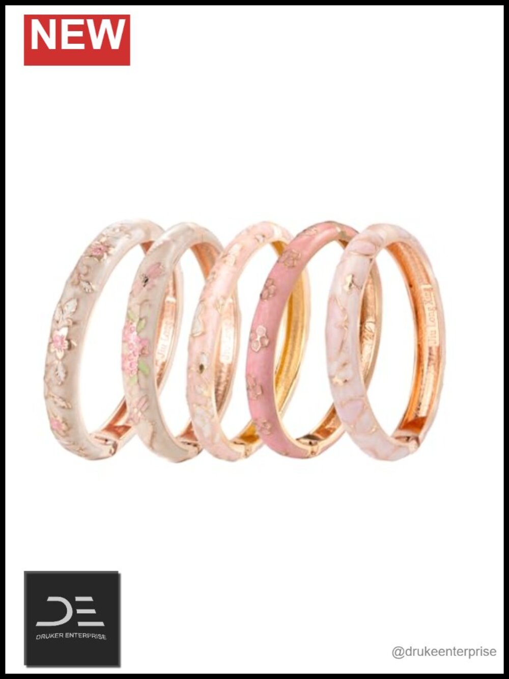 5 Pc Cloisonne Enamel Bangle Bracelet Set Floral Engraved Gold Plated in Box
